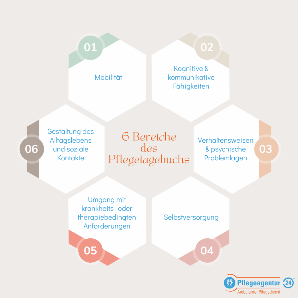Grafik Pflegetagebuch: 6 Bereiche des Pflegetagebuchs.